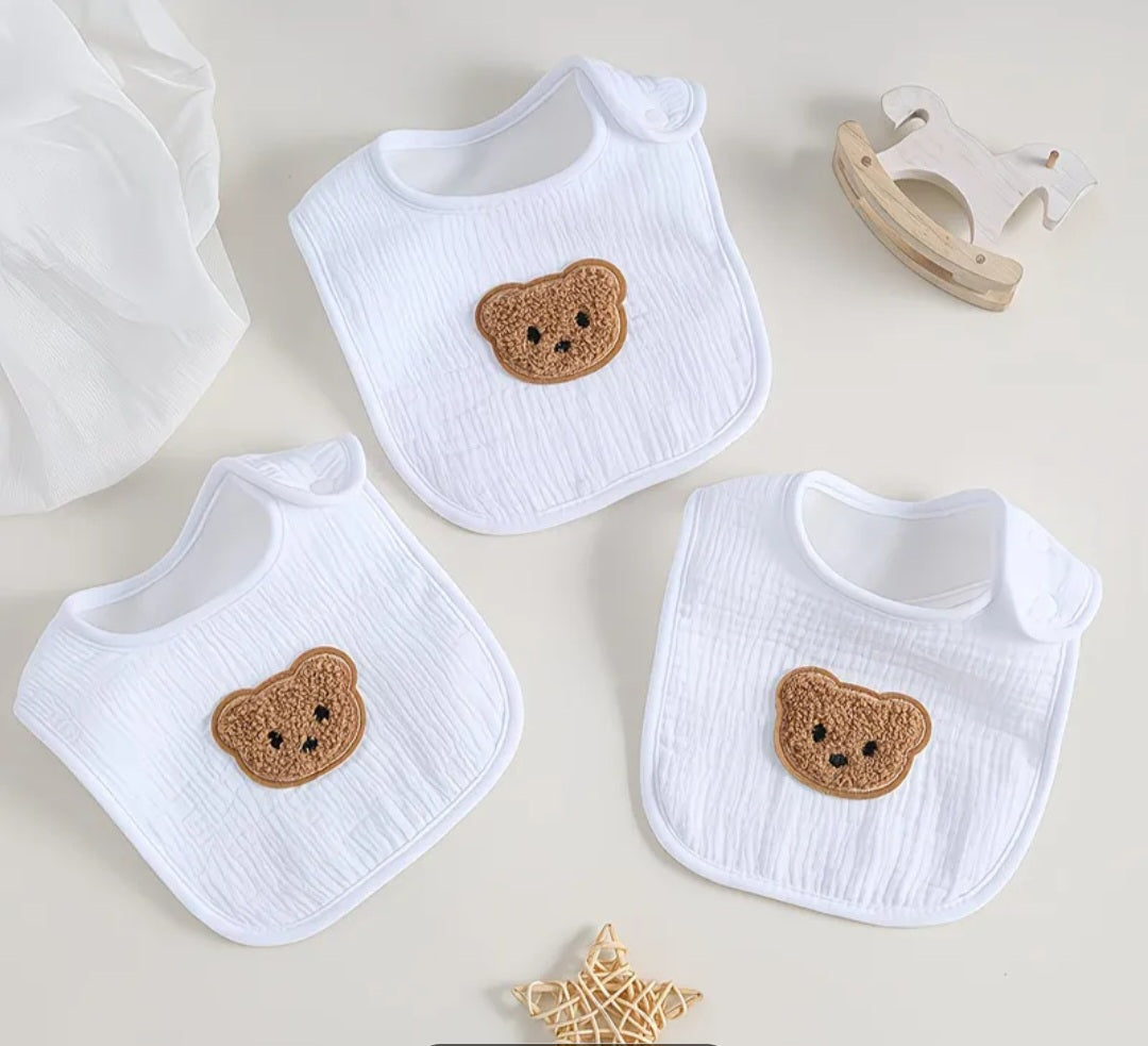 Baby Bibs Pack of 3 | White with Brown Bear