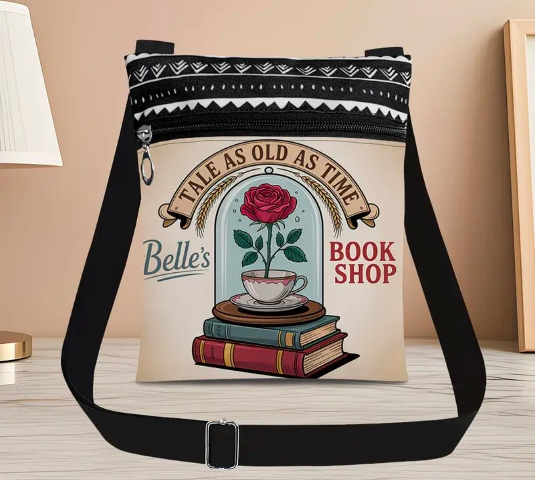 Belle Book Print Crossbody Bag